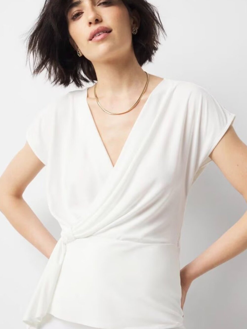 White House Black Market Cream Surplice Knot Top Matte Jersey - Size M